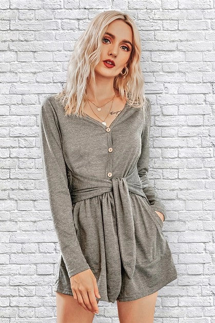 Casual Grey Romper Long Sleeve Tie Waist
