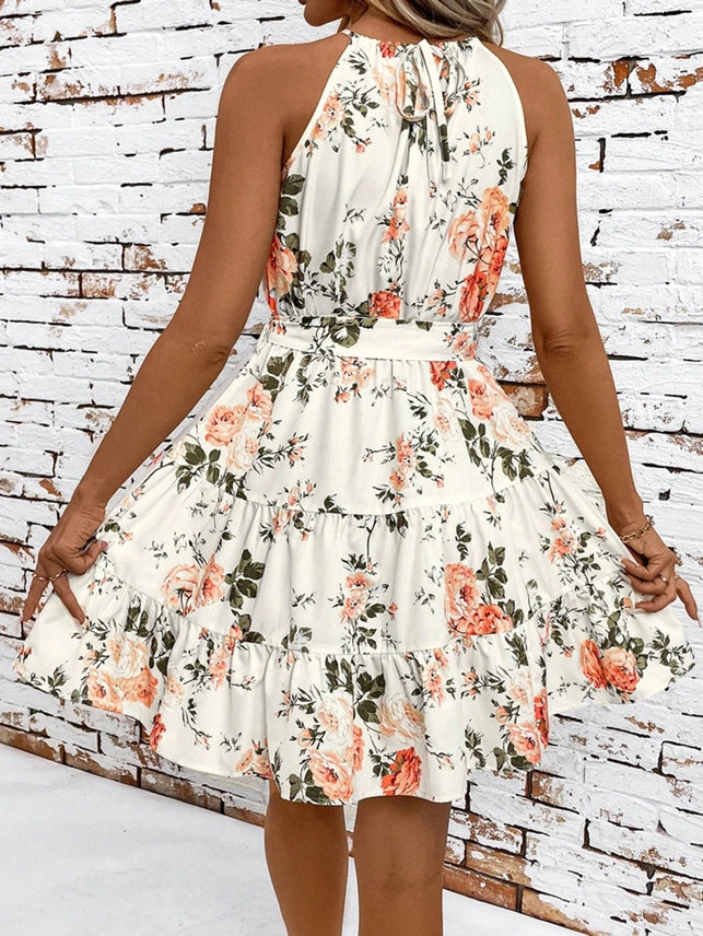 Lace Up Printed Camisole Dress-Rose/Flower Pattern