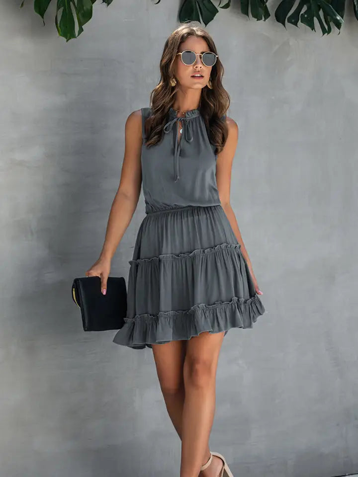 Sleeveless Tie Neck Frill Trim High Waist Tiered Layer Dress