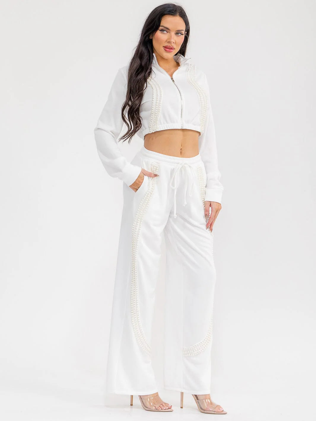 LONG SLEEVE CROP SWEATER & ELASTIC WAIST PANTS PEARL TRIM 2PC. SET