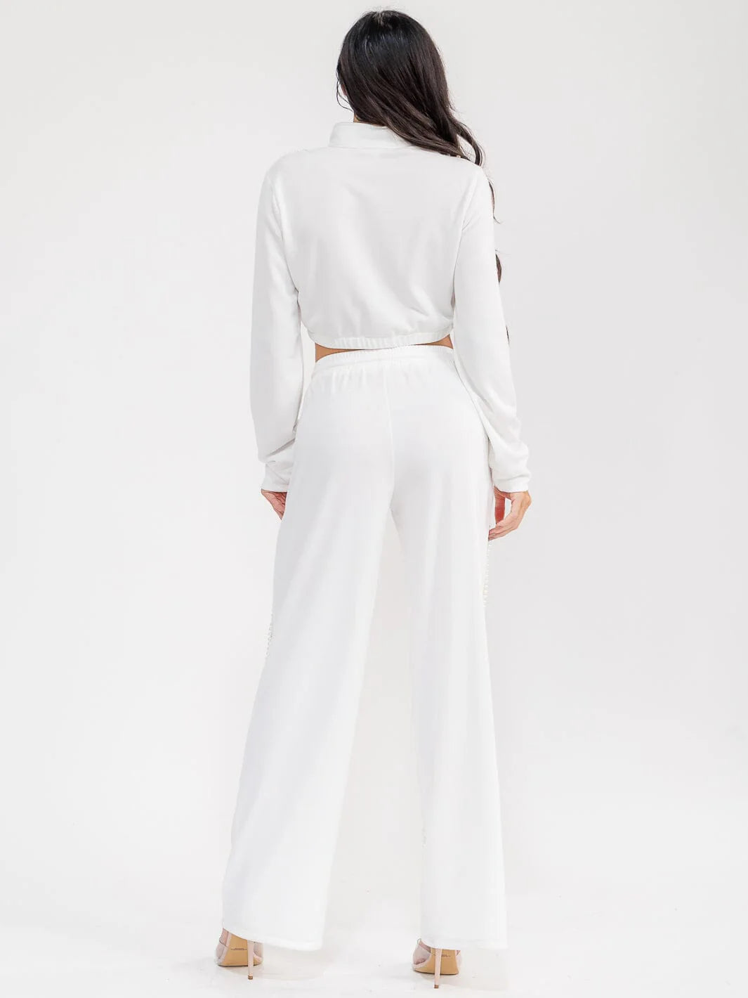 LONG SLEEVE CROP SWEATER & ELASTIC WAIST PANTS PEARL TRIM 2PC. SET