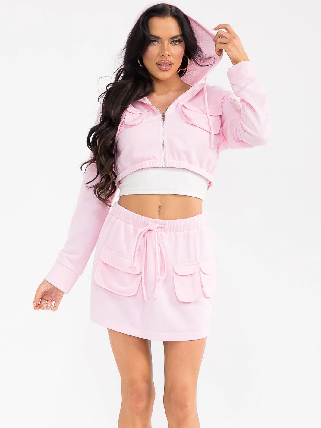 Long Sleeve Hooded Top & Elastic Waist Mini Skort 2pc. Solid