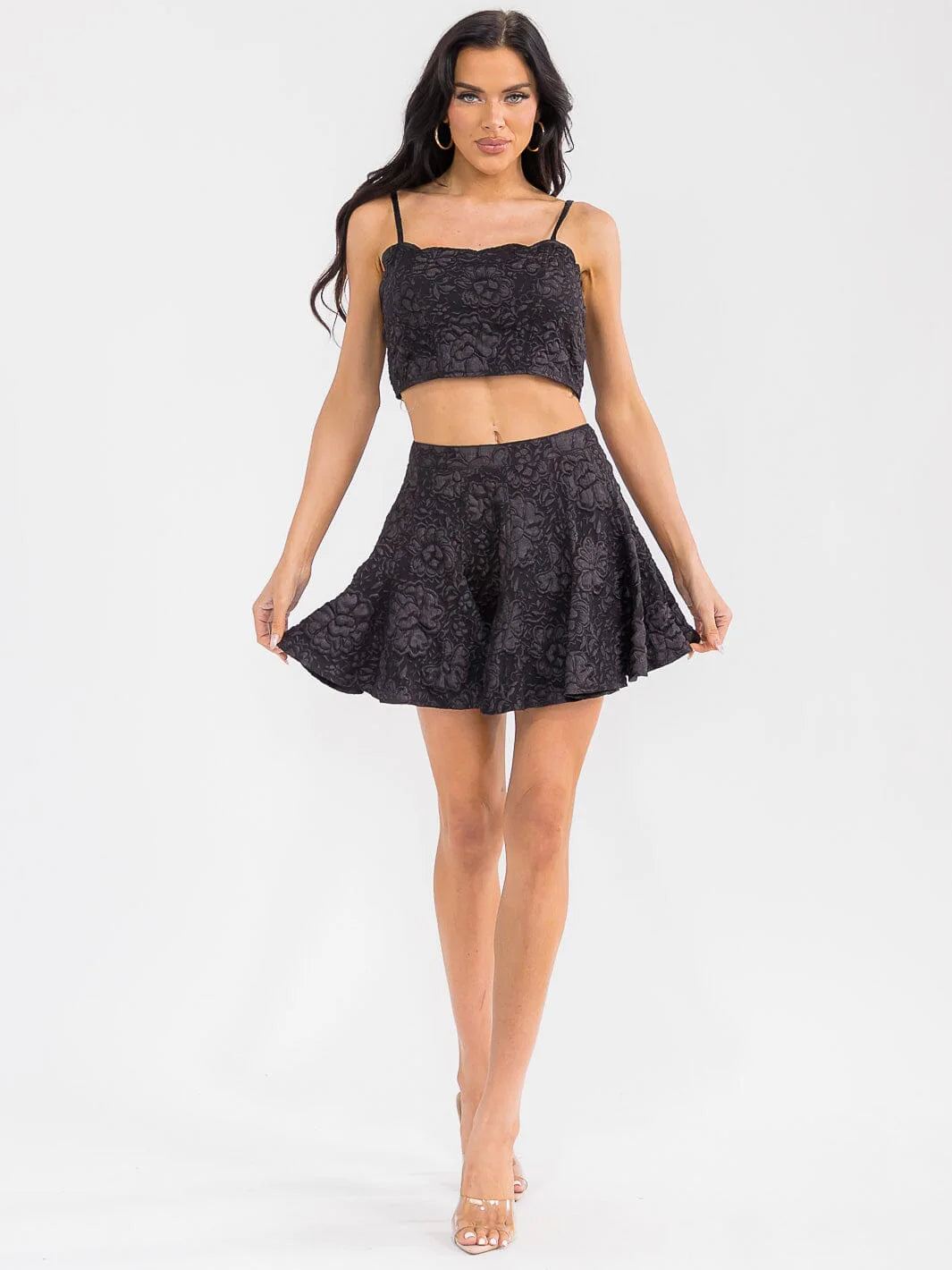 SLEEVELESS CROP TOP & ZIP UP MINI SKIRT FLORAL DETAILED 2PC. SET