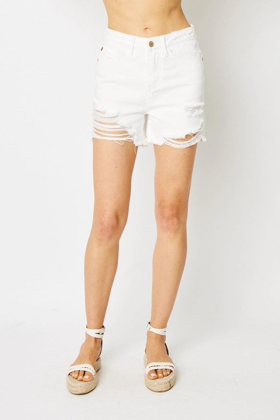 Judy Blue Mid-Rise Destroyed Shark Bite Hem Shorts