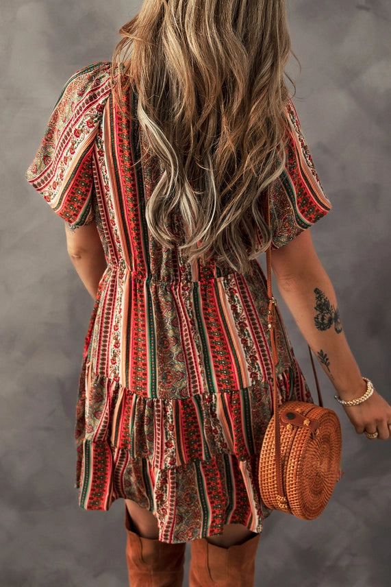 Red Bohemian Flora Print Buttoned V Neck Ruffle Tiered Dress