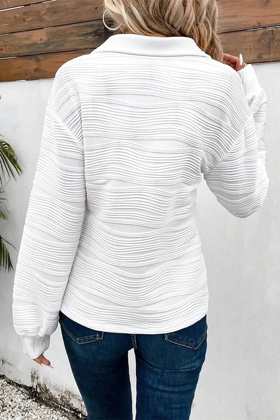 White Solid Color Textured Zip V Neck Pullover Sweater