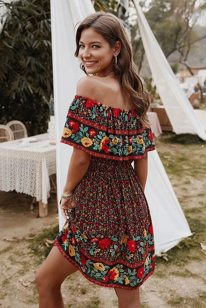 Boho Print Cut Ruffle Accented Pleated Short Dress