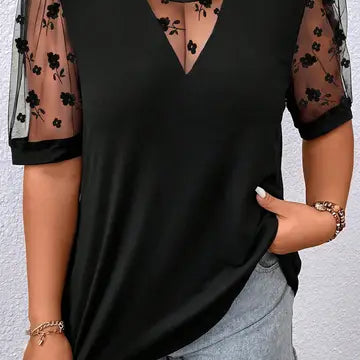 Plus Size Black Floral Mesh Patchwork Loose VNeck Blouse