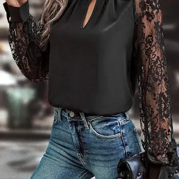 Reglan Black Keyhole Neckline Floral Lace Sleeve Blouse