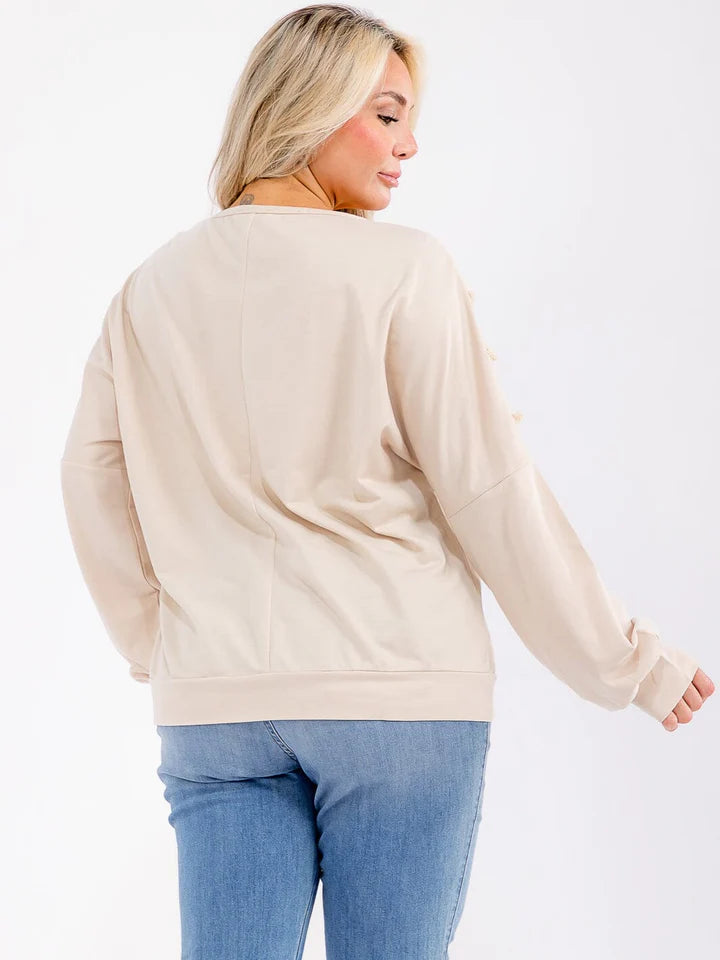 Plus Size Long Sleeve Fringe Detailed Top