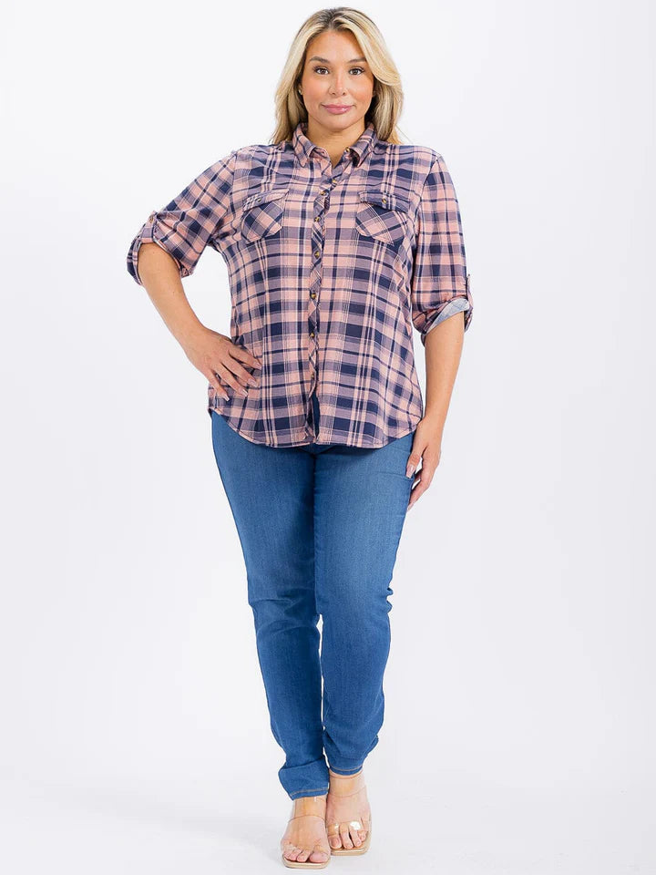 Plus Size Long Sleeve Front Pocket Button Up Plaid Shirt Pink/Navy
