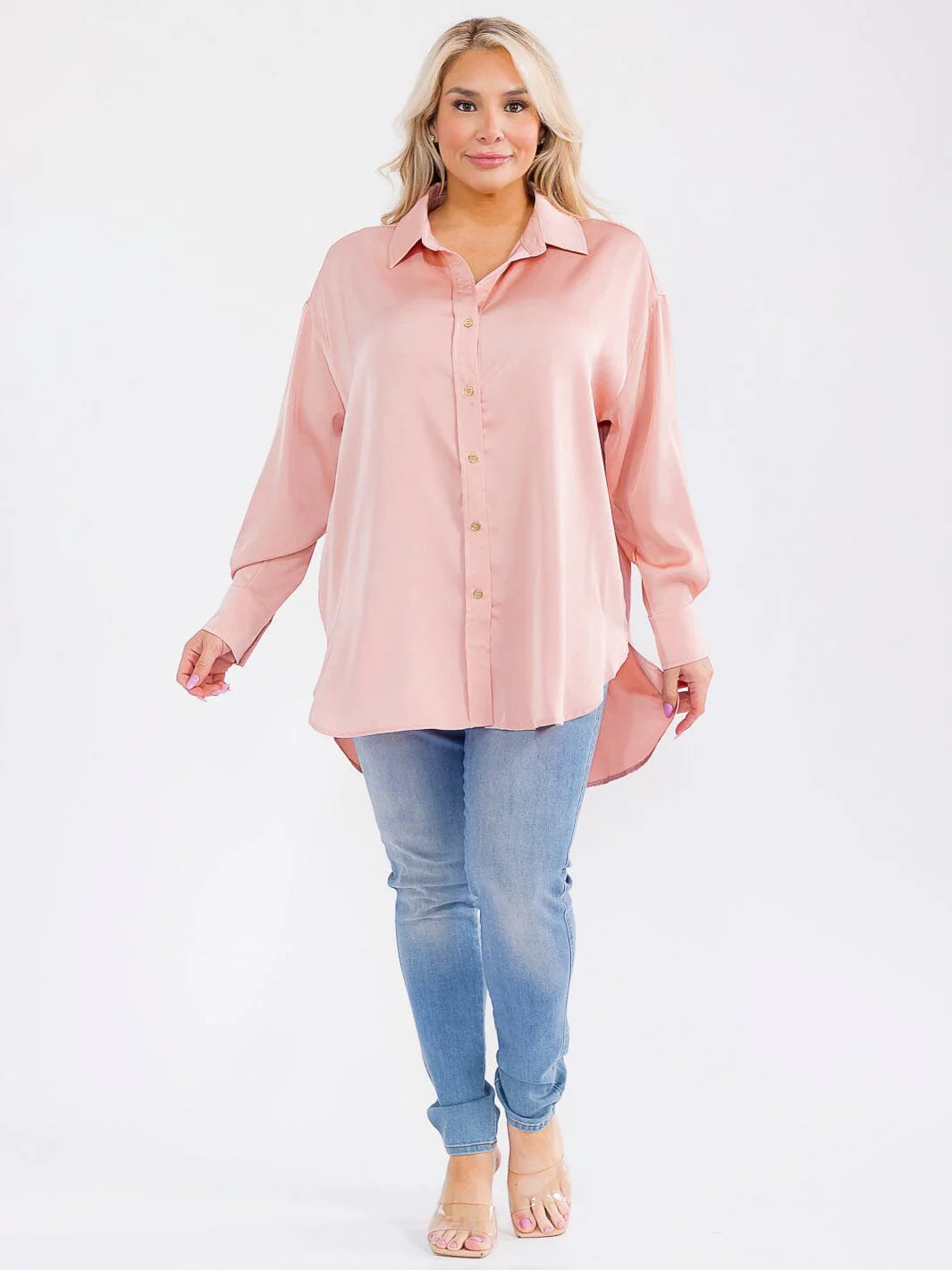 Plus Size Long Sleeve Button Up High-Low Oversized Blouse