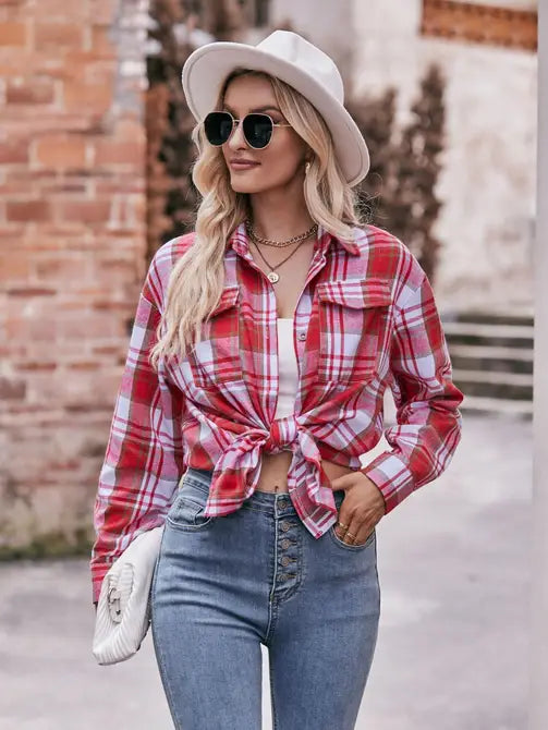Red Casual Loose Fit Plaid Button Shirt