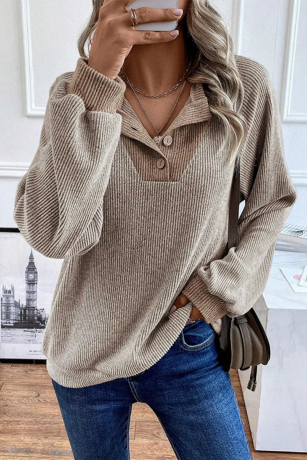 Contrast Ribbed Loose Fit Long Sleeve Top- Jet Stream