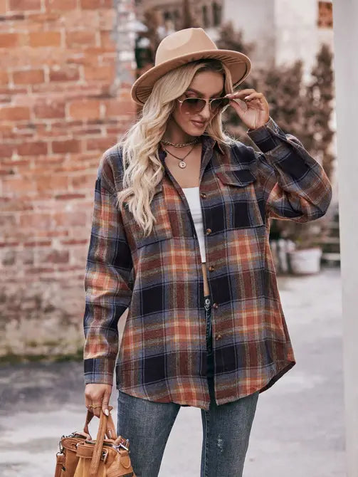 Casual Fashion Oversized Loose Plaid Shirt- Khaki
