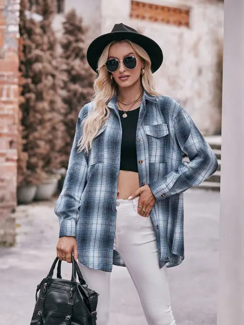 Womens Casual Fashion Oversized Loose Plaid Shirt-Polyester Blue