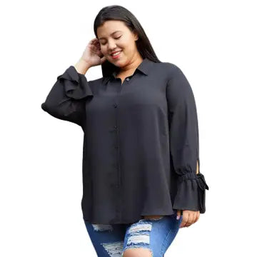 Pleione Plus Size Self-Tie Bell Cuff Button Down Blouse- Black