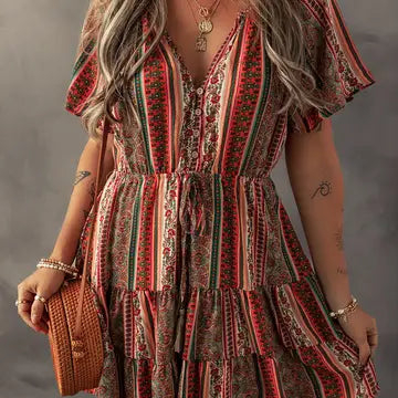Red Bohemian Flora Print Buttoned V Neck Ruffle Tiered Dress