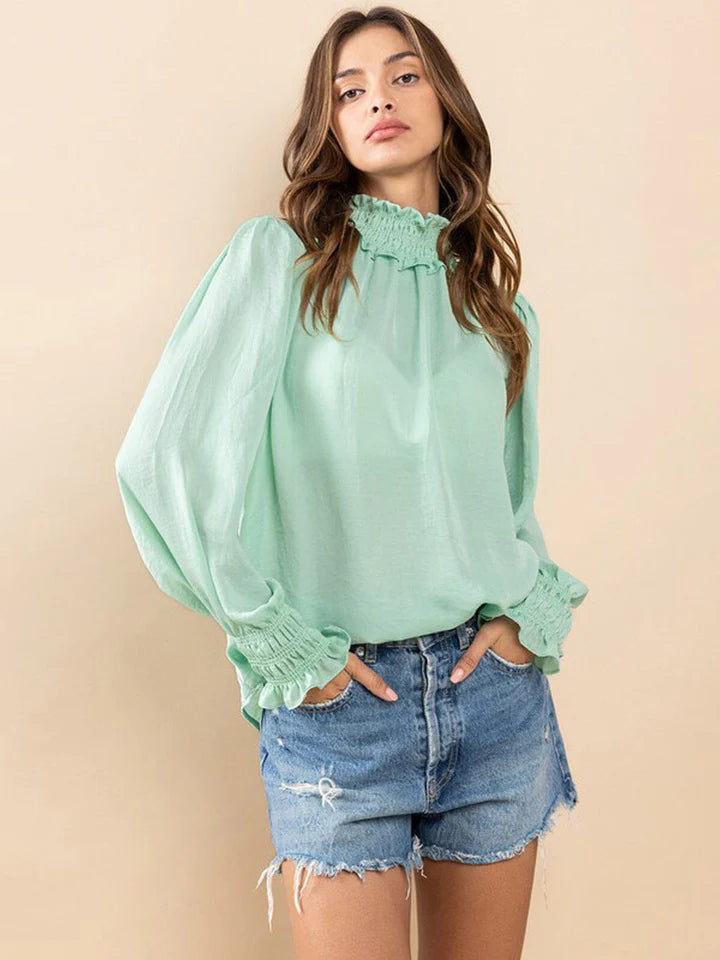 Women's Long Sleeve Mock Neck Button Up Blouse