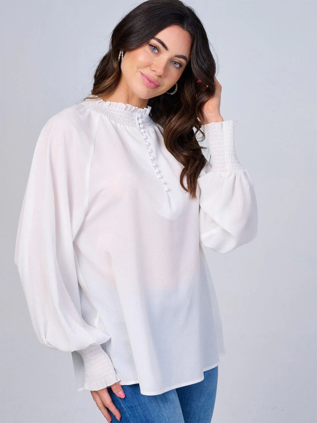 Women's Long Sleeve Mock Neck Button Up Blouse