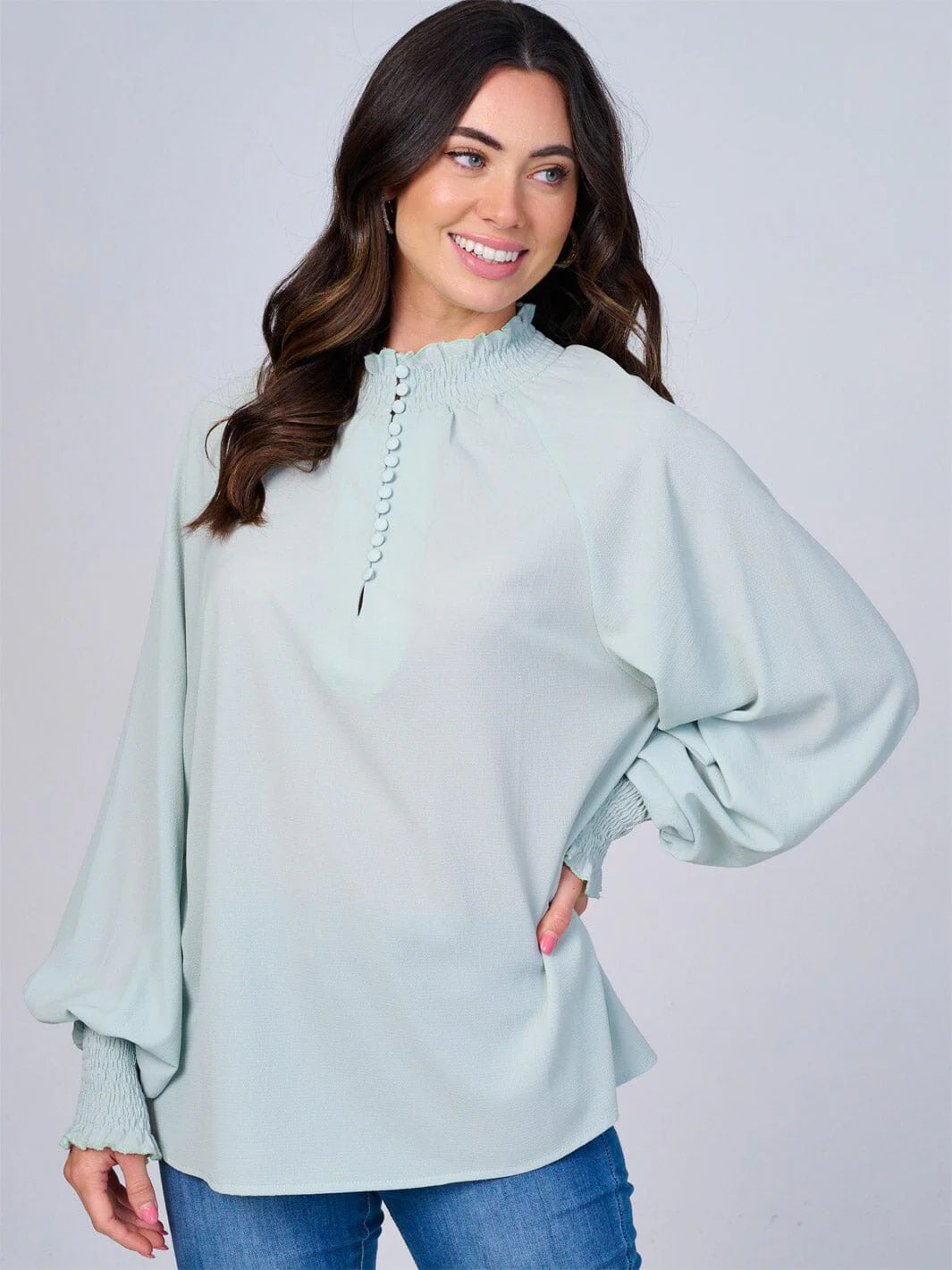 Women's Long Sleeve Mock Neck Button Up Blouse