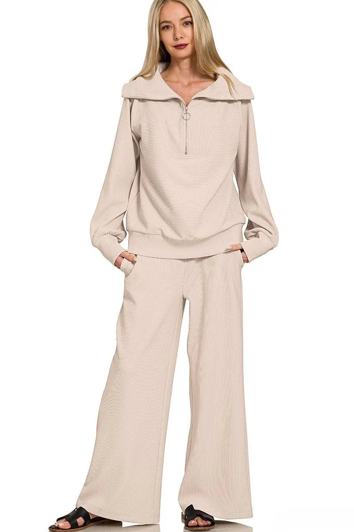 Ribbed High Neck Half Zip Pullover and Pant Set