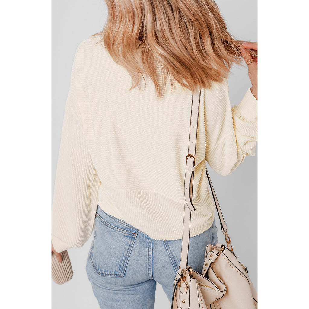 Corded Texture Lantern Sleeve Buttons Henley Sweatsuit- Apricot