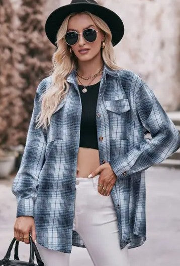 Womens Casual Fashion Oversized Loose Plaid Shirt-Polyester Blue