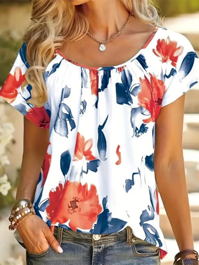 Round Neck Printed Short Sleeved Top-Red-White-Blue